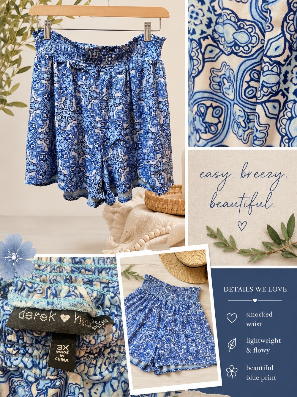 Derek Heart Blue Paisley Smocked-Waist Shorts